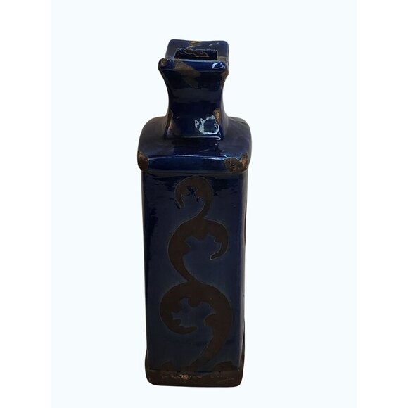 Blue & Black Rectangular Ceramic Vase With Decorative Scroll Design - Picture 4 of 7